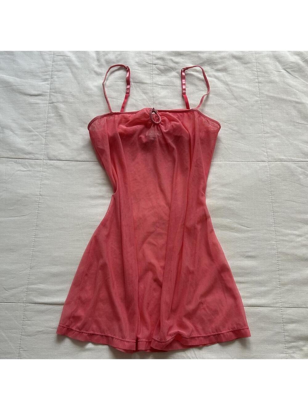 La Senza Coral Pink Sheer Mesh Slip Dress Rhinestone Buckle Y2K Medium